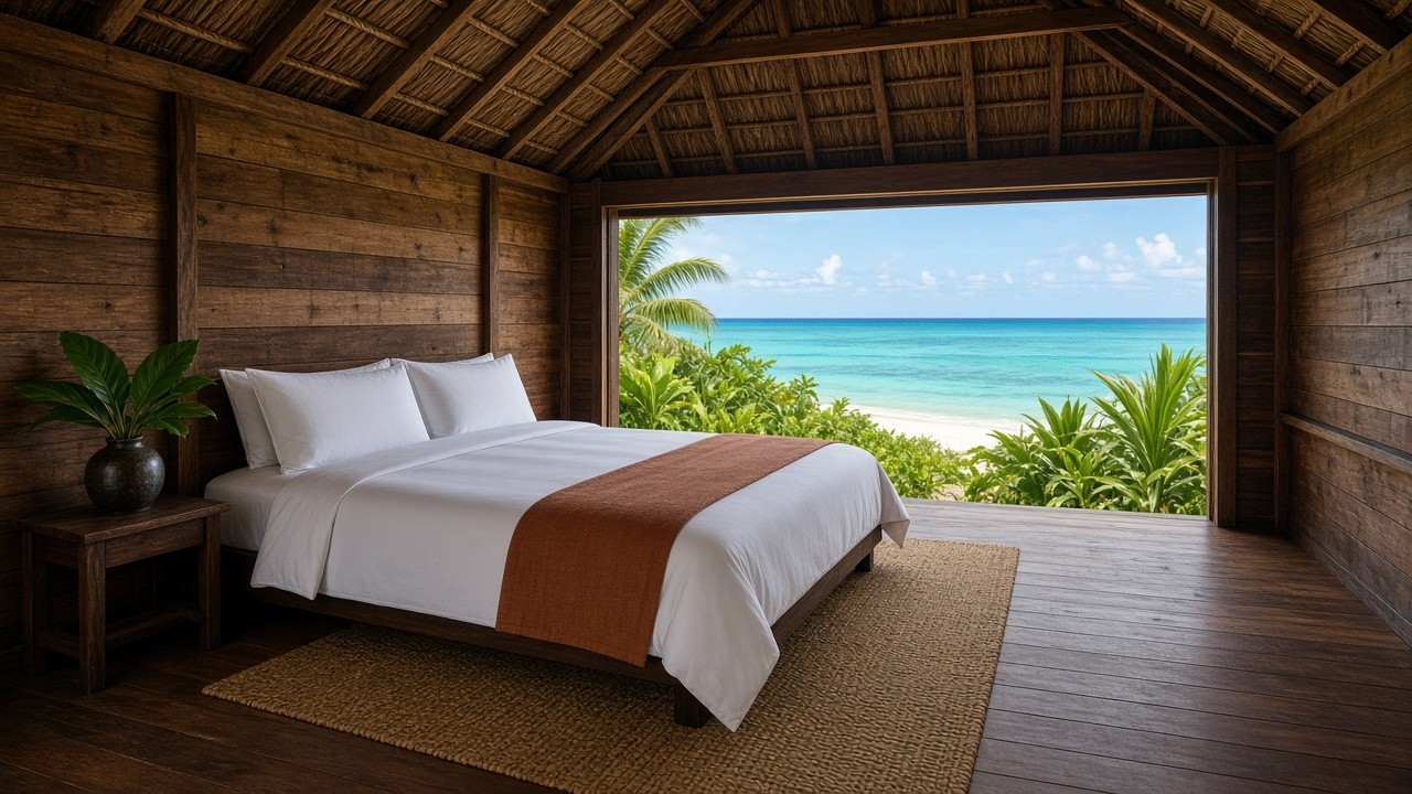 Bure interior set back from the beach among tropical vegetation