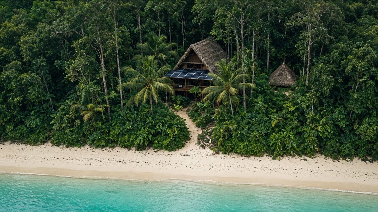 Cabin 2 — single-storey studio with steep thatch and ocean balcony