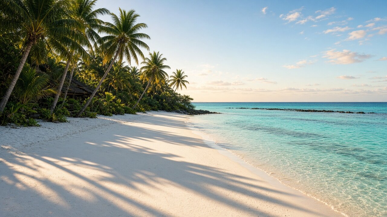 Empty white-sand beach and soft lagoon water