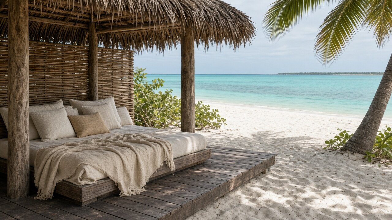 Private beach deck lounge beside the cabin