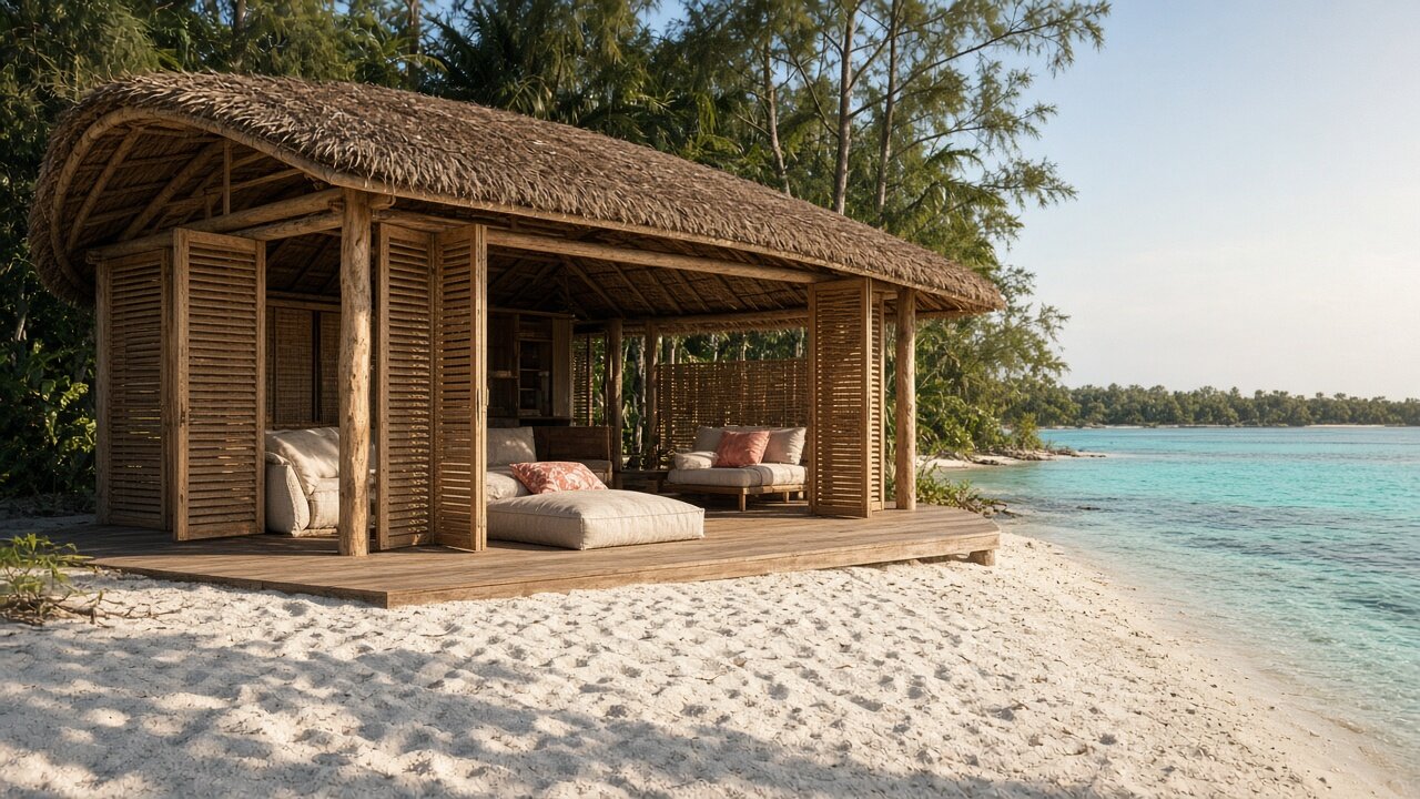 Open-air timber cabin on the beach