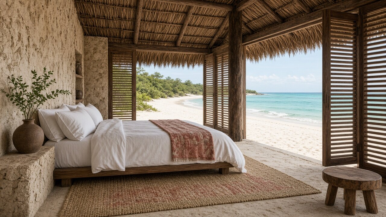 Cabin interior open to the beach
