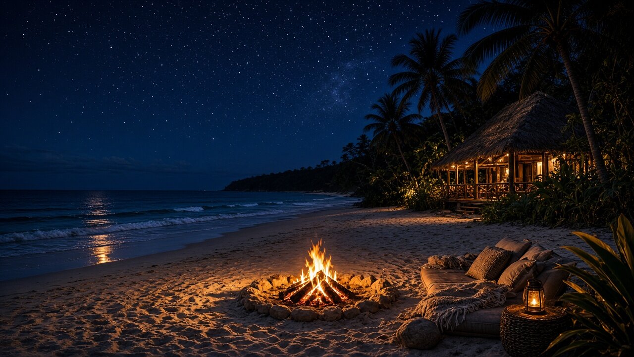 Campfire under a starry night sky on the beach