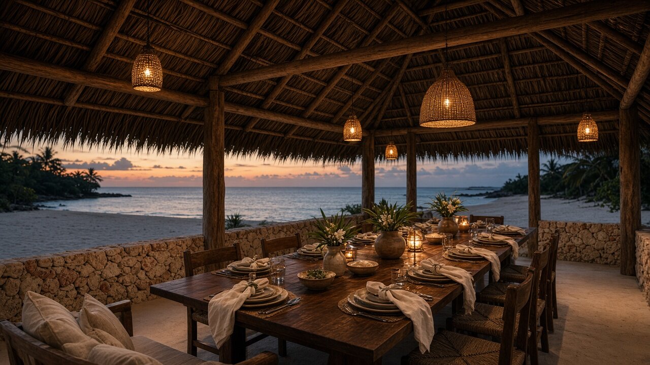 Central gathering bure shared table at dusk