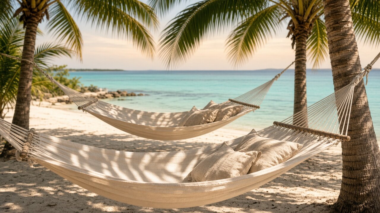 Hammocks strung between palms overlooking quiet water