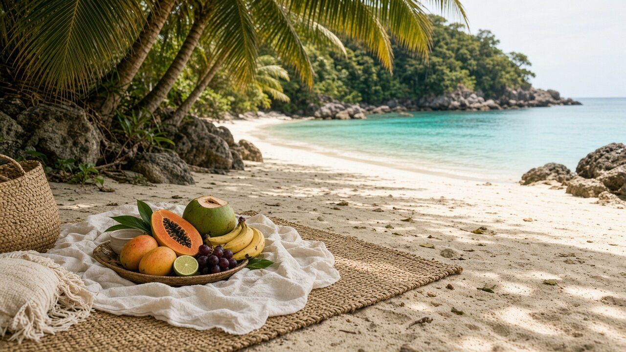 Beach picnic set on white sand