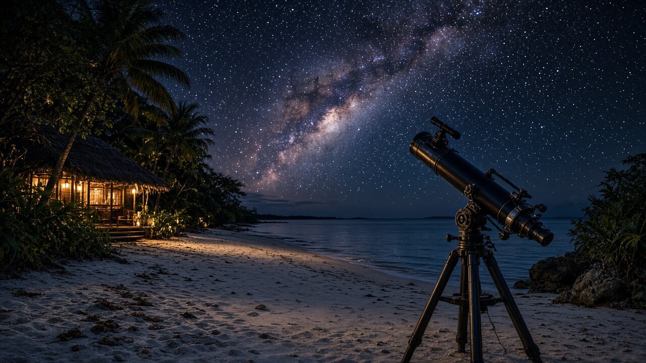 Telescope on the beach under the Milky Way, dark island skies