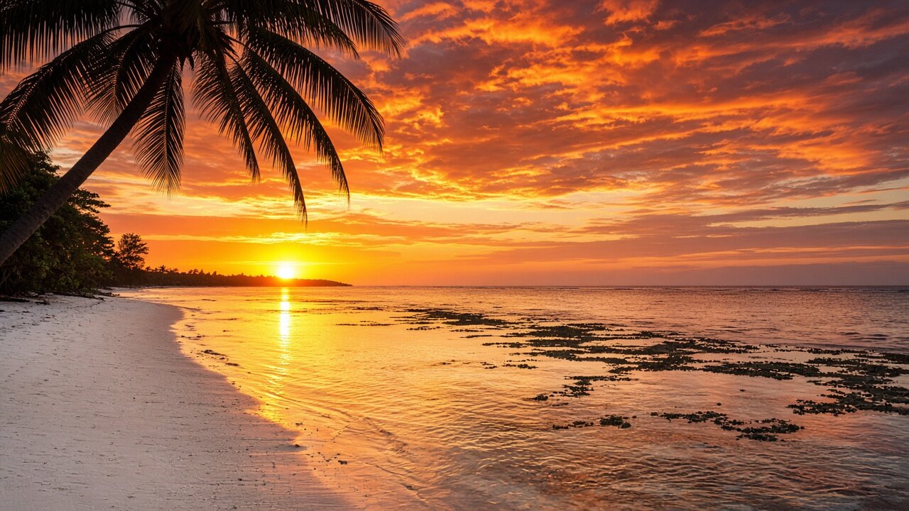 Golden sunset over calm Mamanuca water