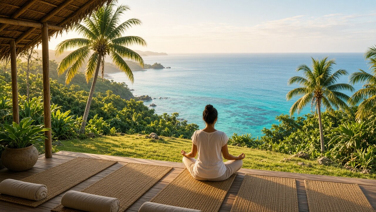 Open-air yoga and meditation on the sand at dawn