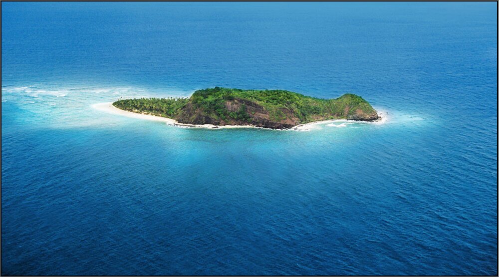 Wide aerial panorama of Eori Island alone in the Mamanucas